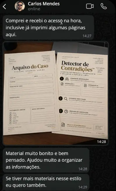 Depoimento de cliente mostrando materiais impressos do Kit Detetive Particular