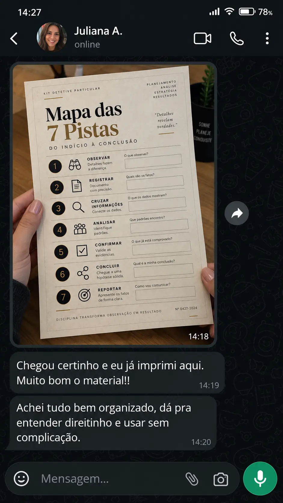 Depoimento de cliente mostrando o Mapa das 7 Pistas impresso