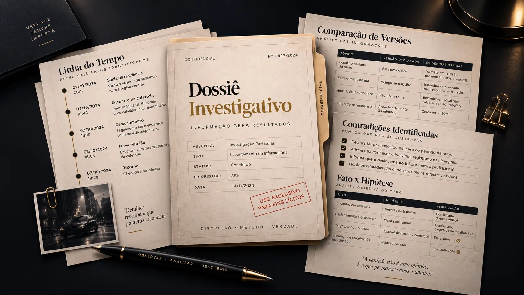 Dossiê Investigativo com linha do tempo, comparação de versões e análise de contradições